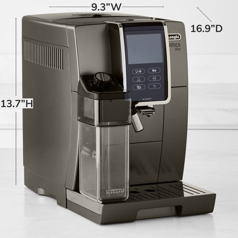 De'Longhi Dinamica Plus, Smart Coffee and Espresso Super Automatic Machine with Coffee Link Connectivity App and Automatic Milk Frother in Titanium ECAM37095TI