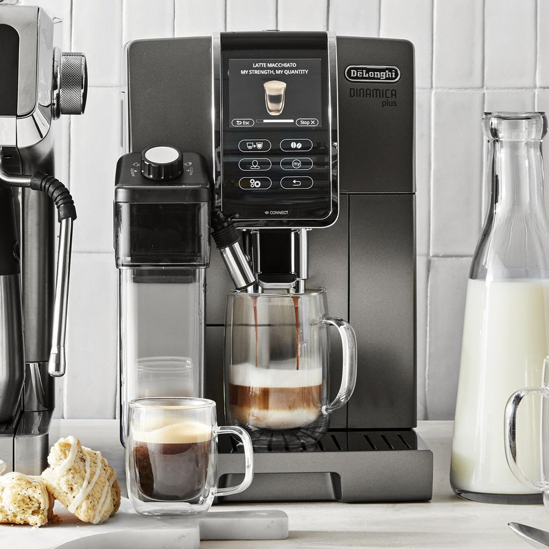 De'Longhi Dinamica Plus, Smart Coffee and Espresso Super Automatic Machine with Coffee Link Connectivity App and Automatic Milk Frother in Titanium ECAM37095TI