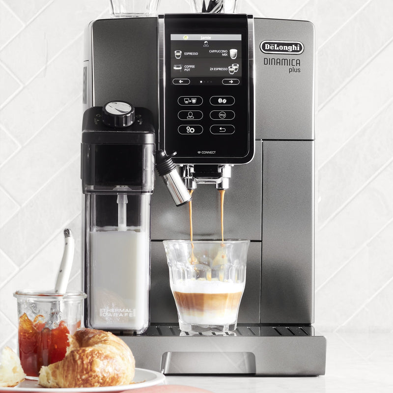 De'Longhi Dinamica Plus, Smart Coffee and Espresso Super Automatic Machine with Coffee Link Connectivity App and Automatic Milk Frother in Titanium ECAM37095TI