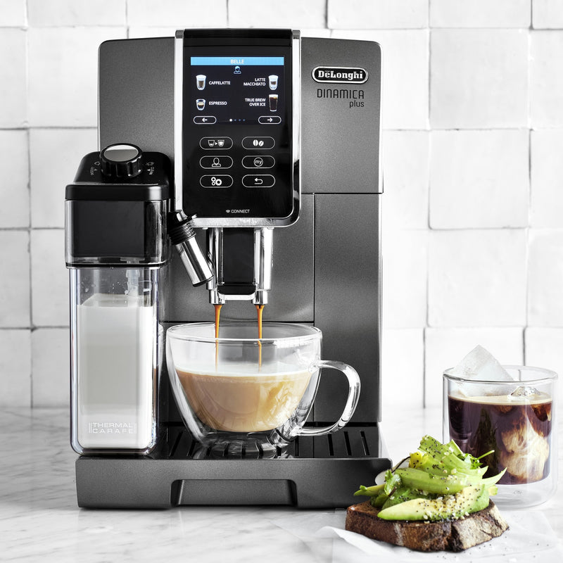 De'Longhi Dinamica Plus, Smart Coffee and Espresso Super Automatic Machine with Coffee Link Connectivity App and Automatic Milk Frother in Titanium ECAM37095TI