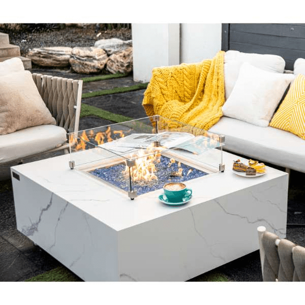 Elementi Plus Bianco White Marble Porcelain Fire Table OFP103BW