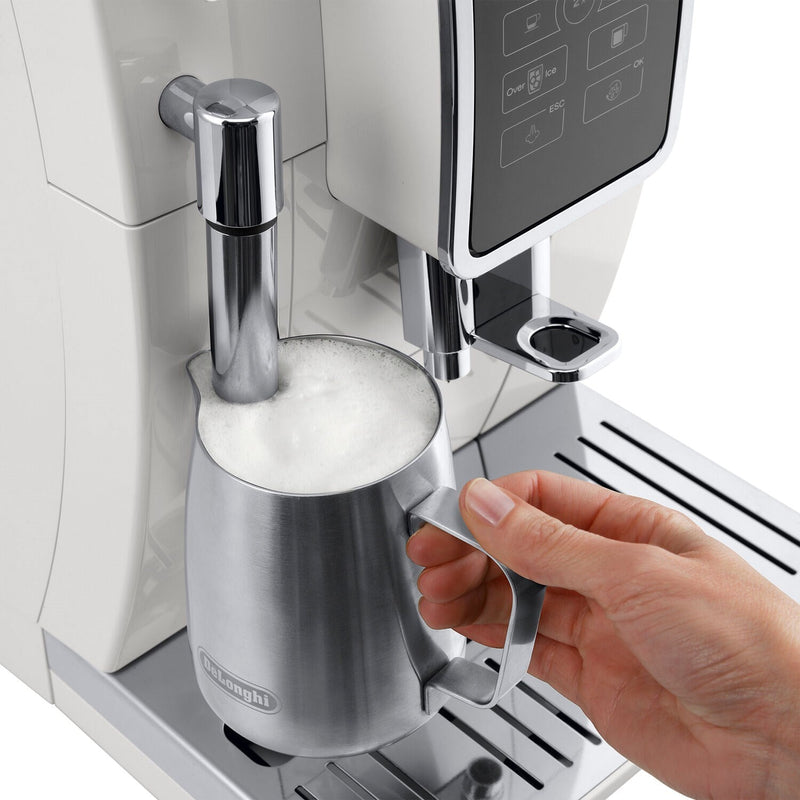 De'Longhi Dinamica Fully Automatic Coffee and Espresso Machine with Premium Manual Milk Frother in White ECAM35020W