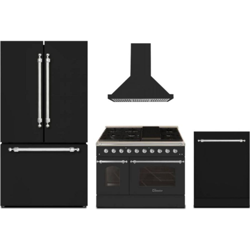 Hallman 4-Pc Kitchen Package w/ 48" Pro Range, 36" Free-Standing Refrigerator, 24" Dishwasher and 48" Hood Classico Black