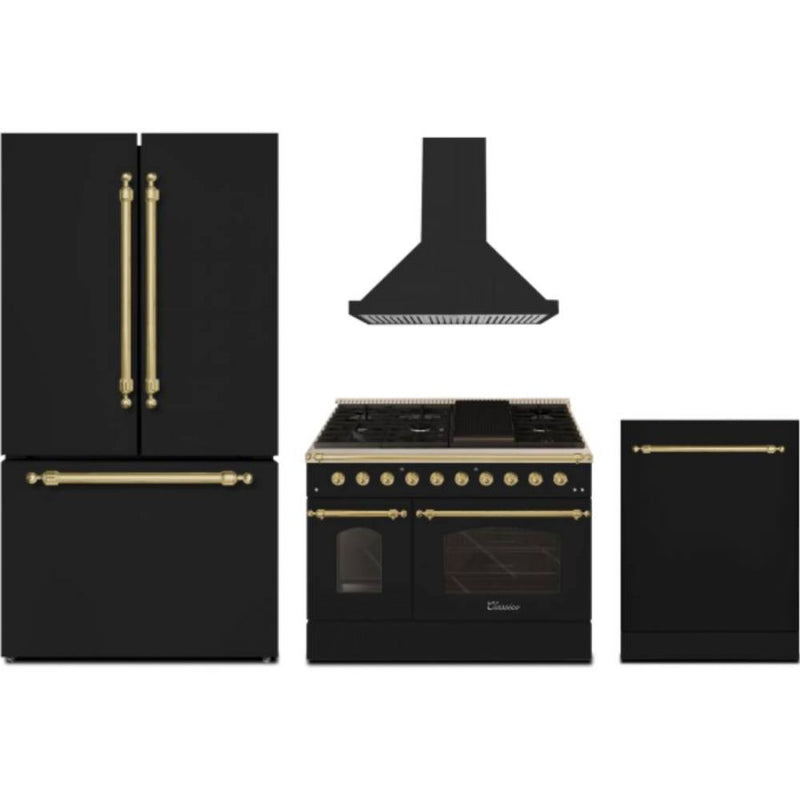 Hallman 4-Pc Kitchen Package w/ 48" Pro Range, 36" Free-Standing Refrigerator, 24" Dishwasher and 48" Hood Classico Black