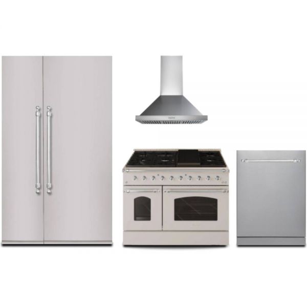 Hallman 4-Pc Kitchen Package w/ 48" Pro Range, 48" Free-Standing Refrigerator, 24" Dishwasher and 48" Hood Classico Stainless Steel