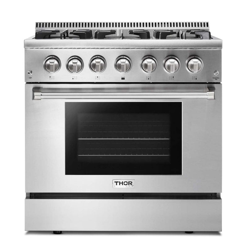 Thor Kitchen Appliance Package - 36 in. Propane Gas Burner/Electric Oven Range, Range Hood, Dishwasher, Refrigerator, AP-HRD3606ULP-3