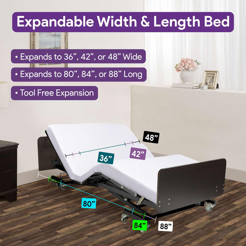 Ultra Low Electric Homecare Hospital Bed and Memory Foam Mattress - Expandable Width