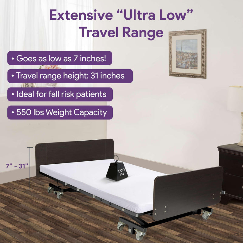 Ultra Low Electric Homecare Hospital Bed and Memory Foam Mattress - Expandable Width