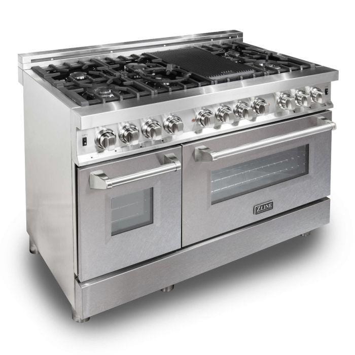 ZLINE 48 in. Professional Gas Burner/Electric Oven Stainless Steel 6.0 cu.ft. 7 Range - DuraSnow® Finish Door, RA-SN-48