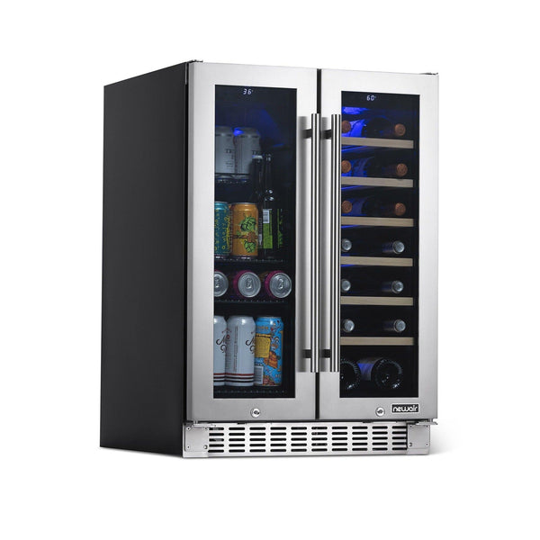 Newair - 24” 20-Bottle/60 Can Dual-Zone French Door Wine & Beverage Center NWB080SS00 w/ Beech Wood Shelves