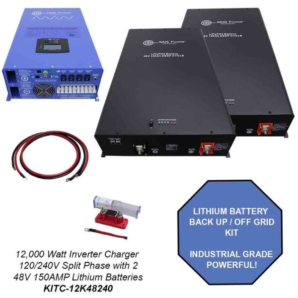 Aims Power 12000 Watt Pure Sine Inverter Charger & 48V Lithium Battery Off Grid/Back Up Kit