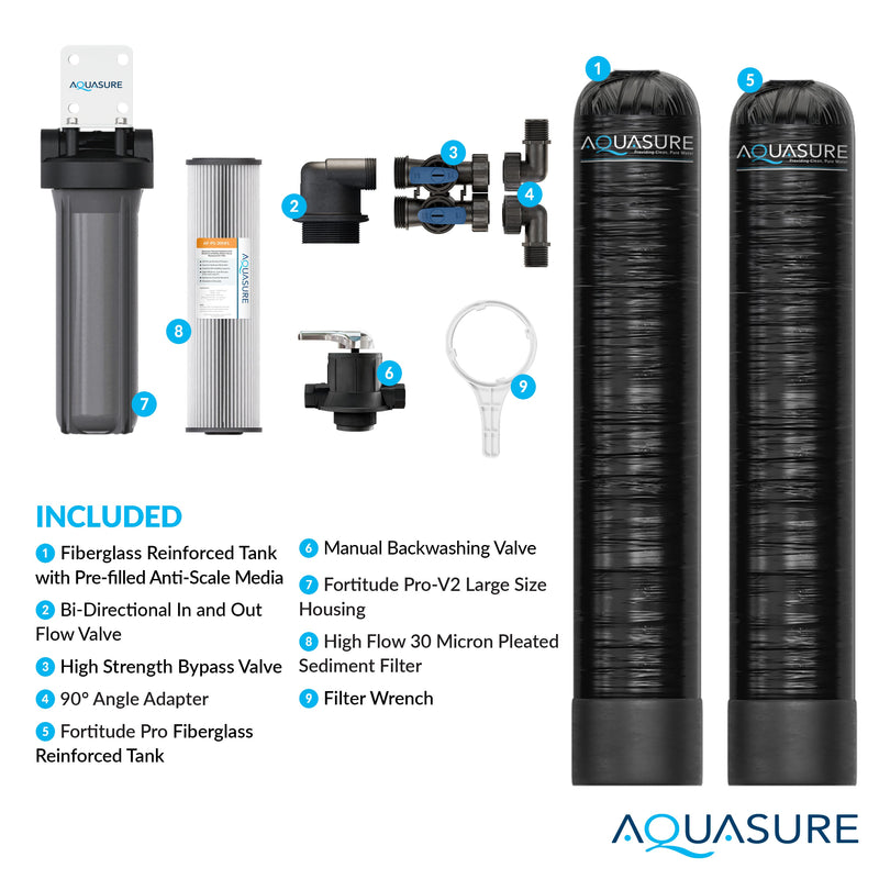 Serene Series | 10 GPM Salt-Free Conditioning Bundle with Fortitude Pro Whole House Water Treatment System & Pleated Sediment Pre-Filter