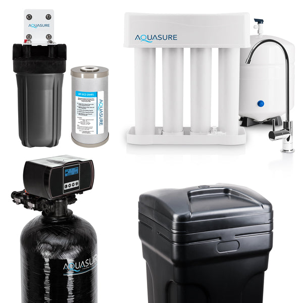 Signature Elite | Whole House Water Filter Bundle with 48,000 Grains Softener w/ Fine Mesh Resin, 75 GPD Reverse Osmosis System & Triple Purpose Pre-Filter