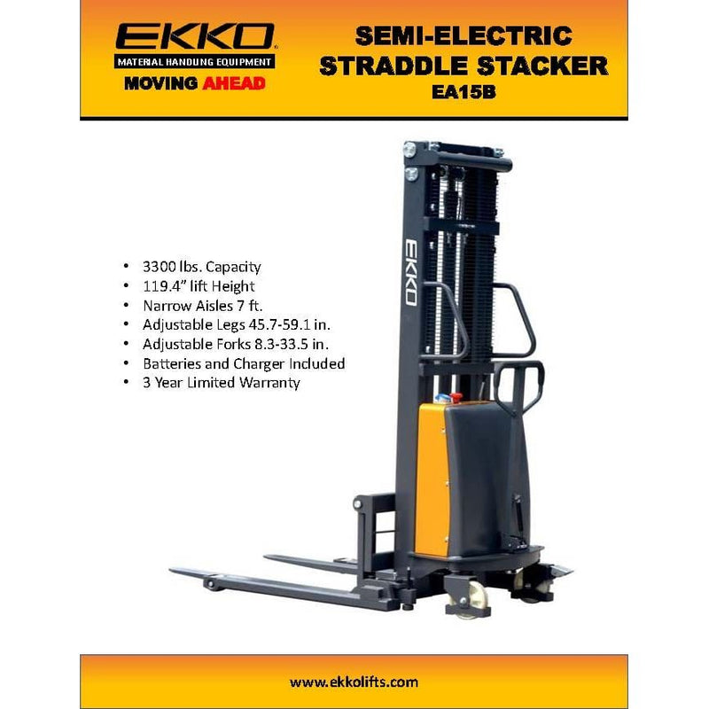 EKKO Semi-Electric Straddle Stacker - 119" Height - 3300 lbs Capacity - EA15B