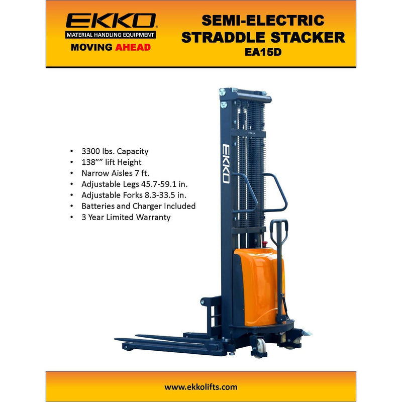 EKKO Semi-Electric Straddle Stacker - 138" Height - 3300 lbs Capacity - EA15D