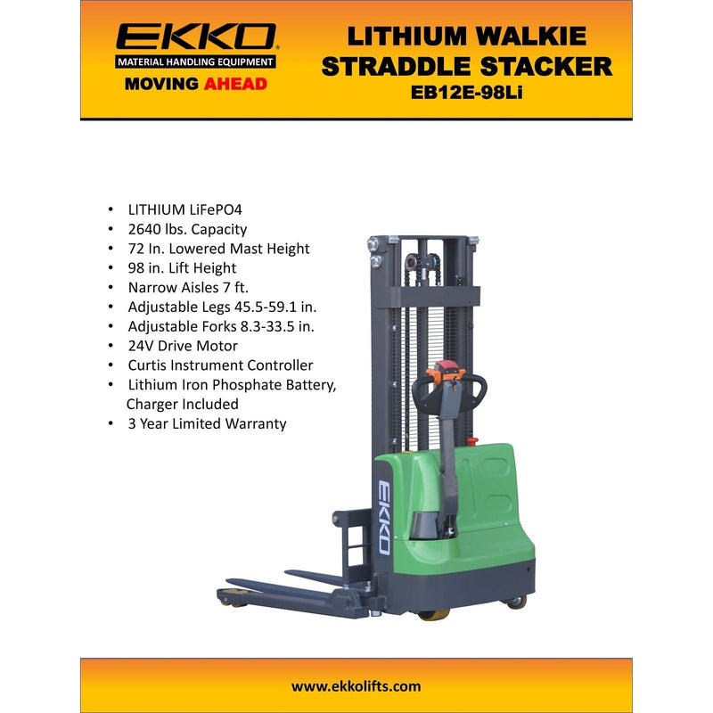 EKKO Lithium Ion Phosphate Straddle Stacker - 2640 lbs Capacity - EB12E-98Li