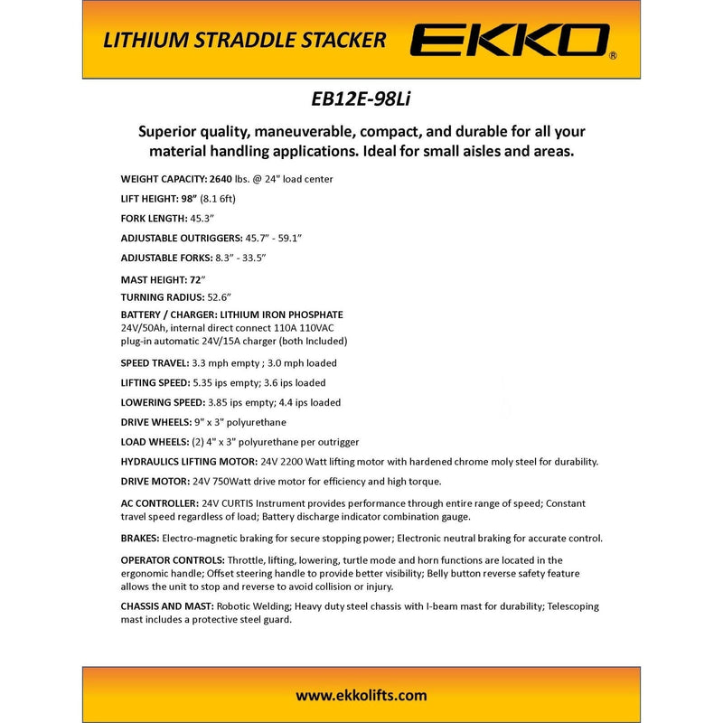 EKKO Lithium Ion Phosphate Straddle Stacker - 2640 lbs Capacity - EB12E-98Li