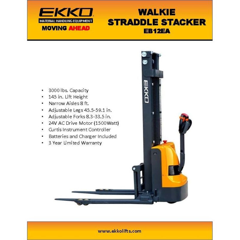 EKKO Full Powered Straddle Stacker - 145" Height 3000 lbs Capacity - EB12EA