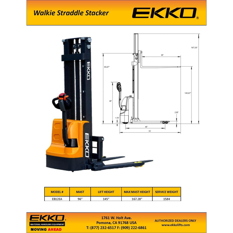 EKKO Full Powered Straddle Stacker - 145" Height 3000 lbs Capacity - EB12EA