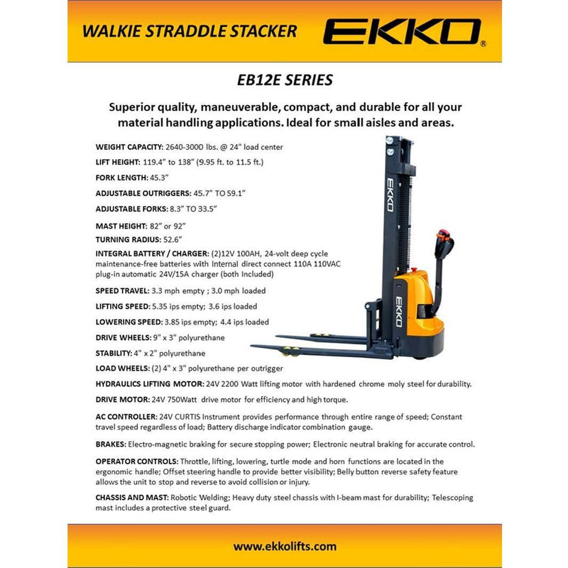 EKKO Full Powered Straddle Stacker - 119-138" Height - 2640 lbs Capacity - EB12E