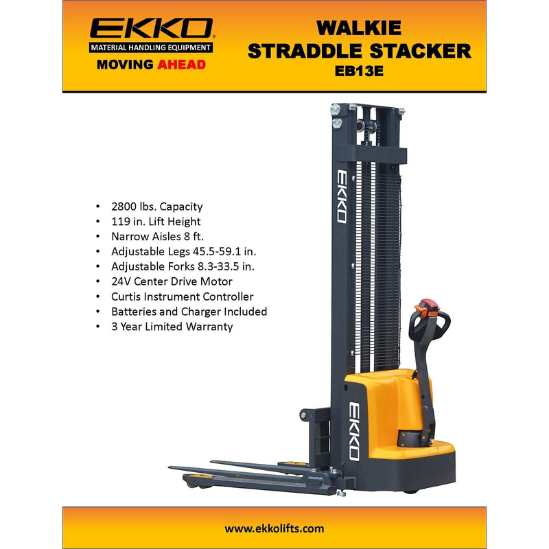 EKKO Full Powered Straddle Stacker 119/138" Height 2800 lbs Capacity - EB13E