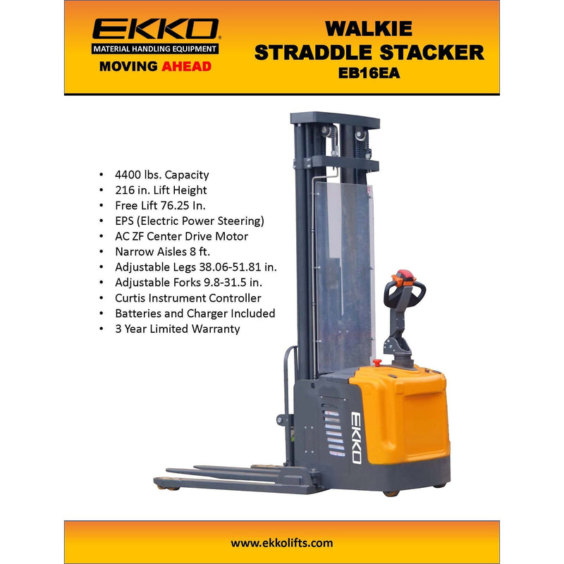 EKKO Full Powered Straddle Stacker 4400 lbs Capacity 216" Height - EB16EA