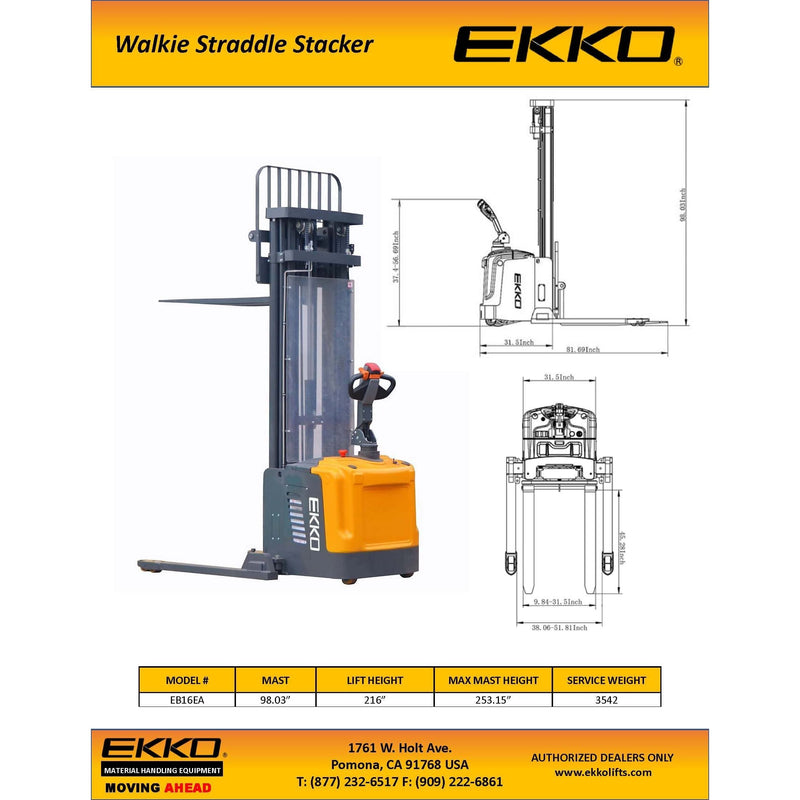 EKKO Full Powered Straddle Stacker 4400 lbs Capacity 216" Height - EB16EA