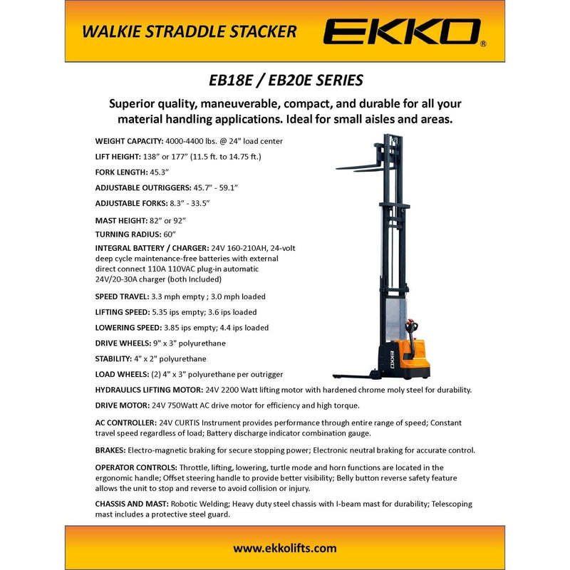 EKKO Full Powered Straddle Stacker 138/177" Height - EB18E