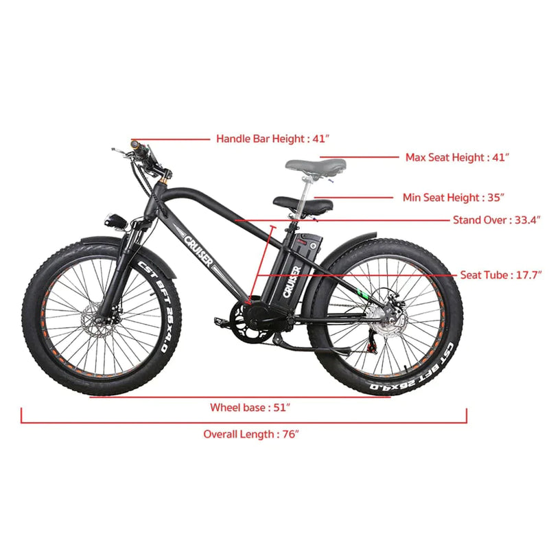 Nakto Super Cruiser 26" Fat Tire 500W 48V Electric Bike Black - ePower Go