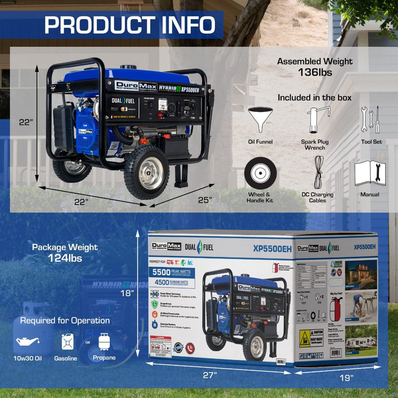 DuroMax 5,500 Watt Portable Dual Fuel Gas Propane Powered Generator - XP5500EH