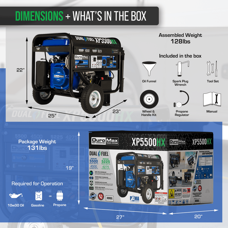 DuroMax 5,500 Watt Portable Dual Fuel Gas Propane CO Alert Generator - XP5500HX